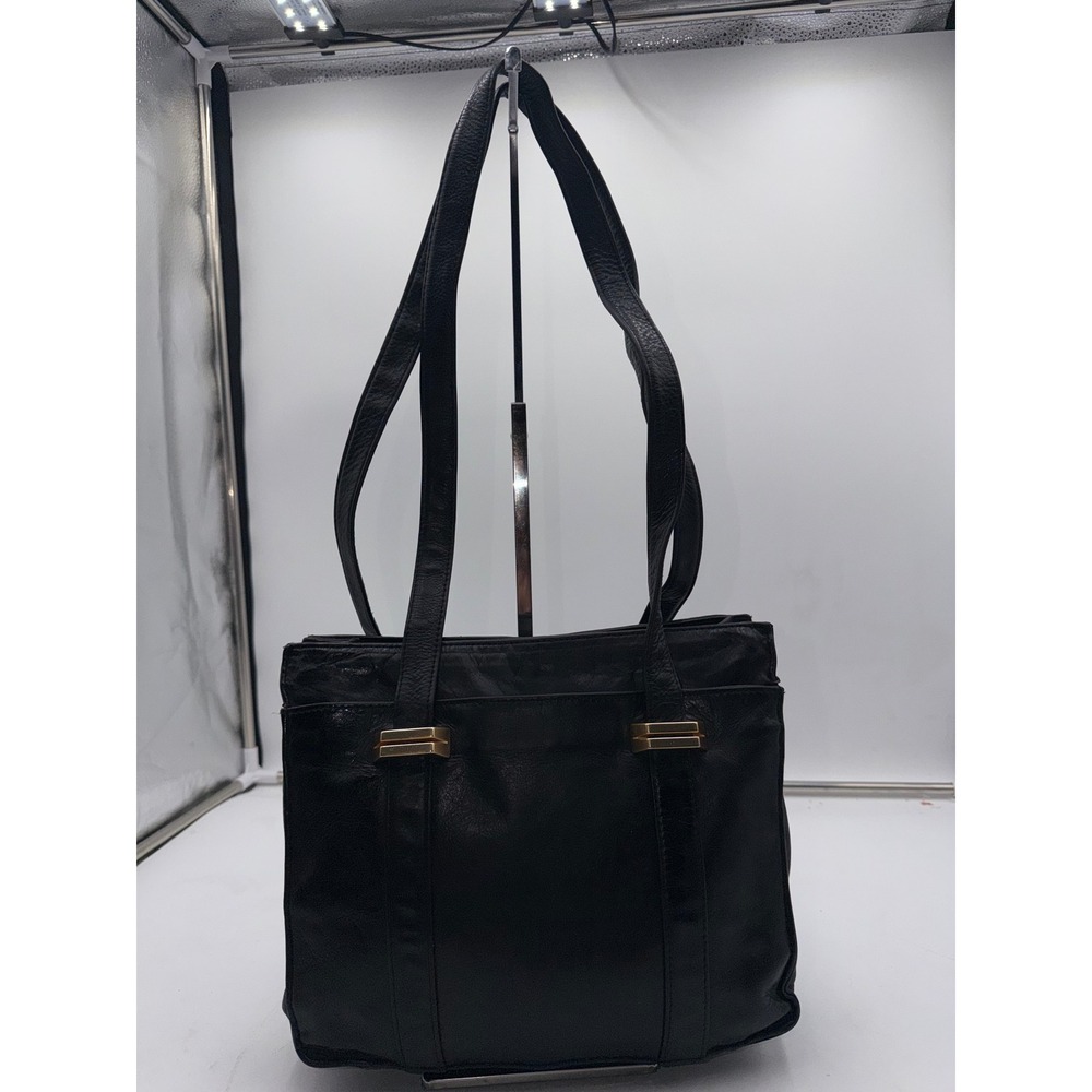 Perlina Vintage NY Black Leather Shoulder Bag Gold Hardware Tote Made in Korea